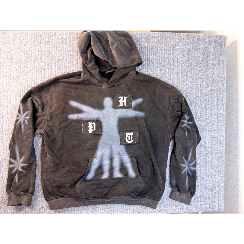Wholeopolis Mens XL Faded Black Graphic Hoodie Streetwear Heavyweight Pullover